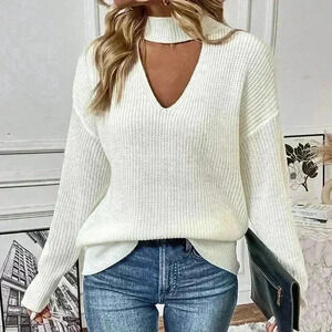White Casual Women's Choker Neck Drop Shoulder Sweater